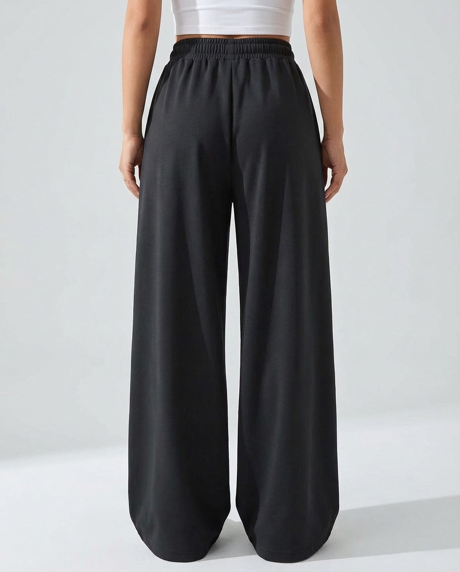 Antrasit Bağcıklı Yüksek Bel Pile Detaylı Wide Leg/Bol Paça Örme Pantolon GJ0042