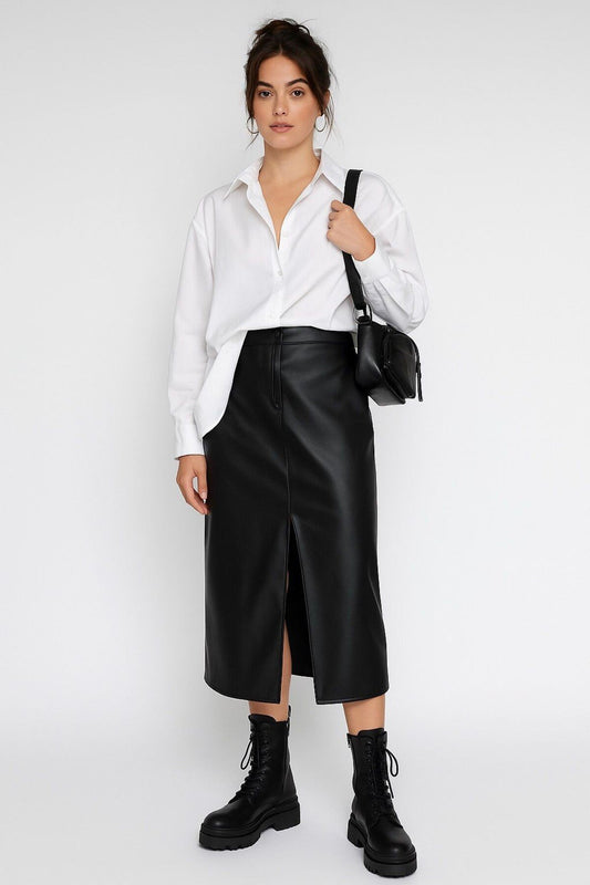 Siyah Yırtmaçlı Suni Deri Yüksek Bel Maxi Etek