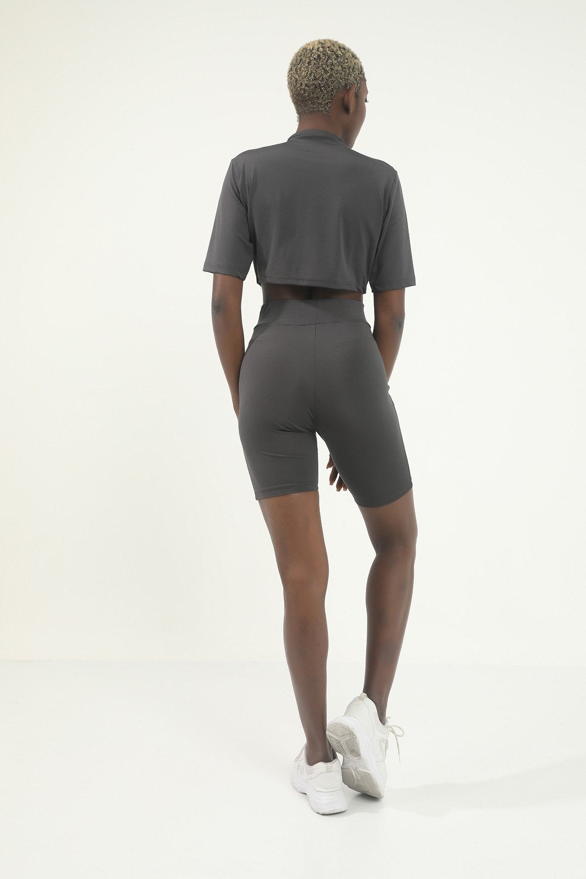 Kadın Gri Önde Lila Biye Detaylı Yüksek Bel Toparlayıcı Biker Tayt