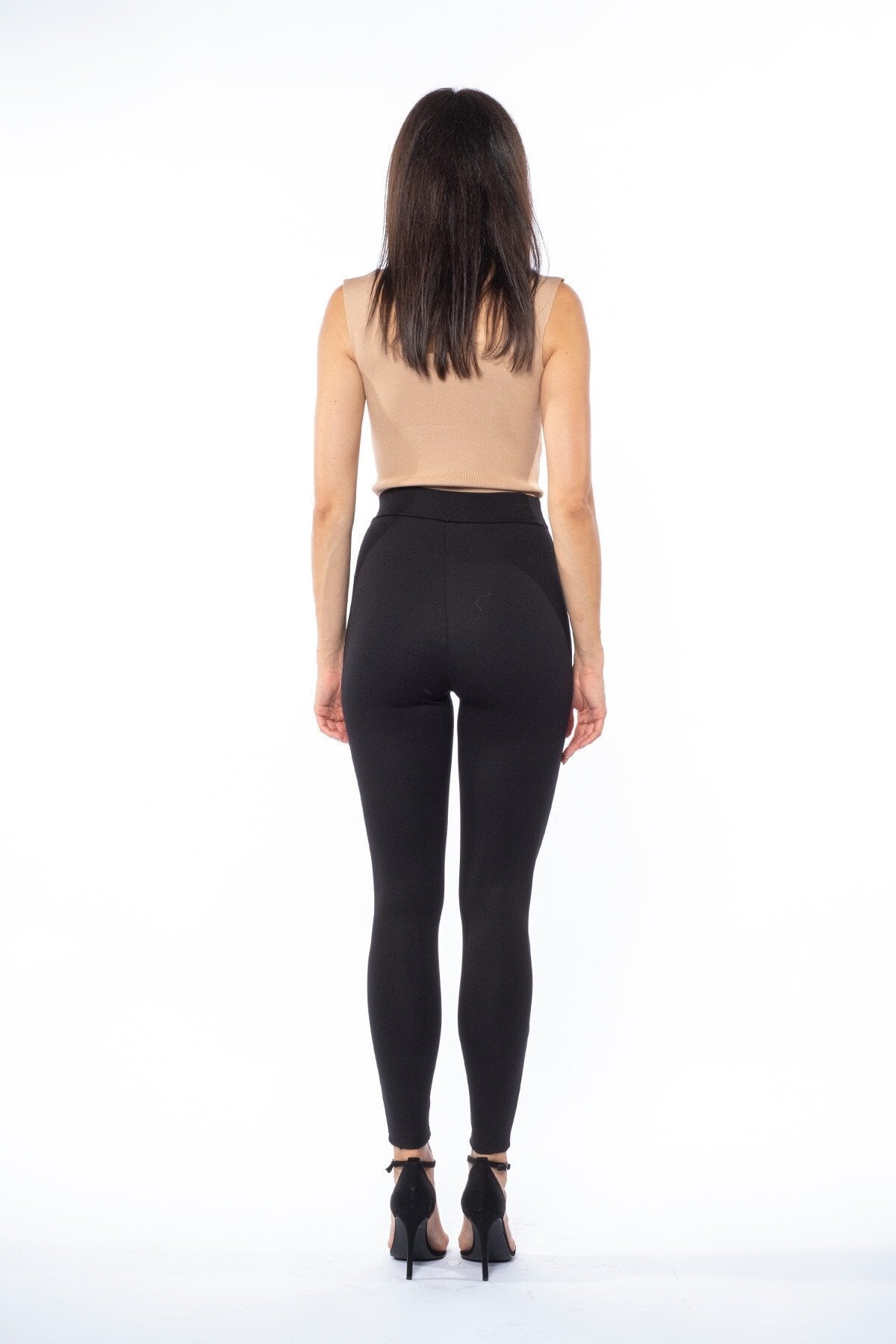 Siyah Düğme Ve Kemer Detaylı Yüksek Bel Toparlayıcı Kışlık Tayt