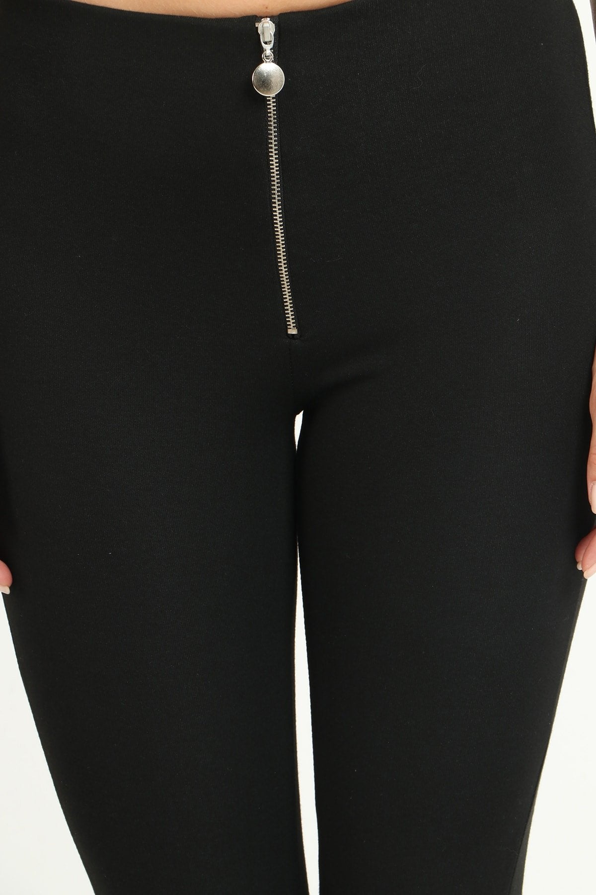 Siyah Yüksek Bel Önü Fermuarlı Toparlayıcı Tayt