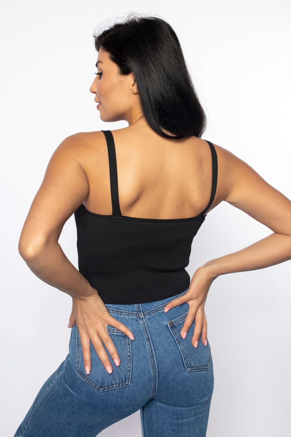 Siyah V Yaka Fitilli Triko Bluz