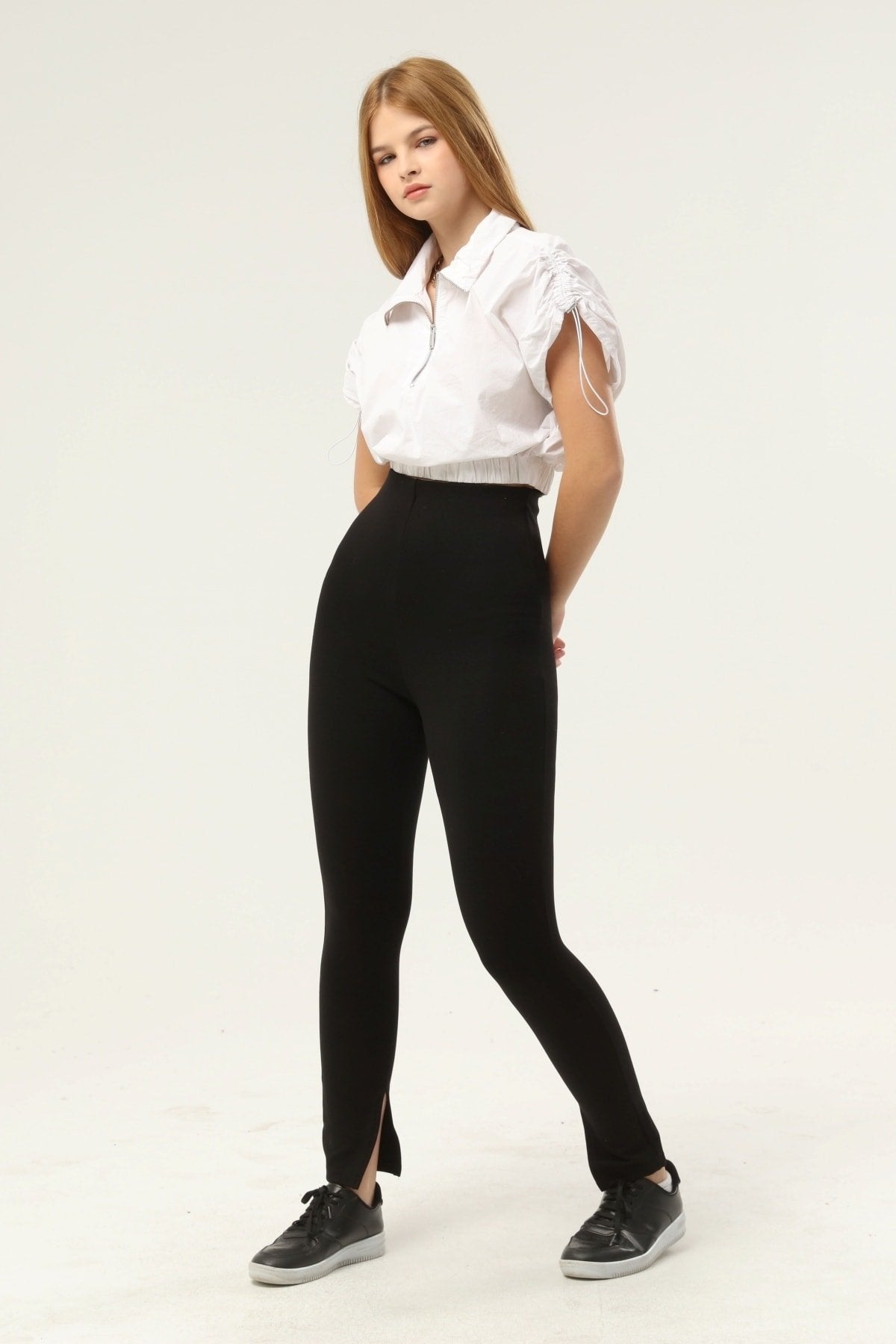 Siyah Yüksek Bel Dar Paça Iç Yırtmaçlı Toparlayıcı Kışlık Tayt