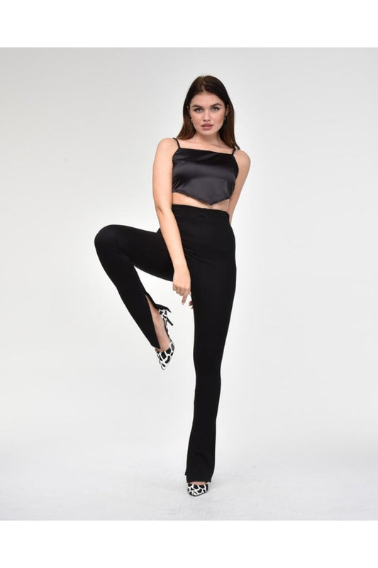 Siyah Yüksek Bel Iç Paça Yırtmaçlı Bol Paça Toparlayıcı Tayt