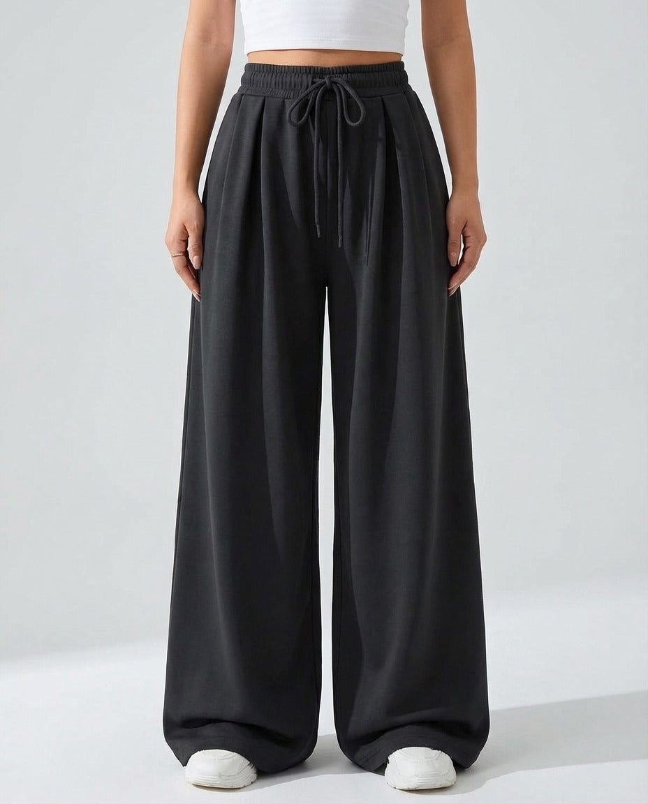 Antrasit Bağcıklı Yüksek Bel Pile Detaylı Wide Leg/Bol Paça Örme Pantolon GJ0042