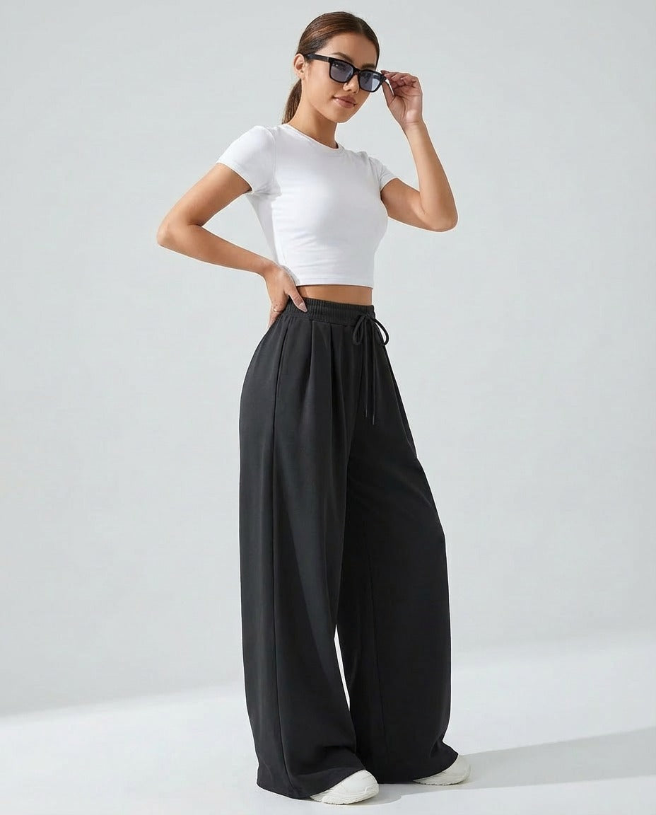 Antrasit Bağcıklı Yüksek Bel Pile Detaylı Wide Leg/Bol Paça Örme Pantolon GJ0042