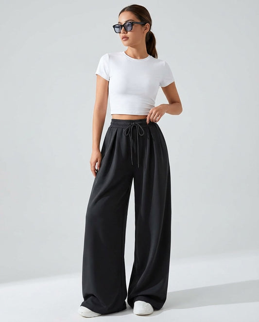 Antrasit Bağcıklı Yüksek Bel Pile Detaylı Wide Leg/Bol Paça Örme Pantolon GJ0042