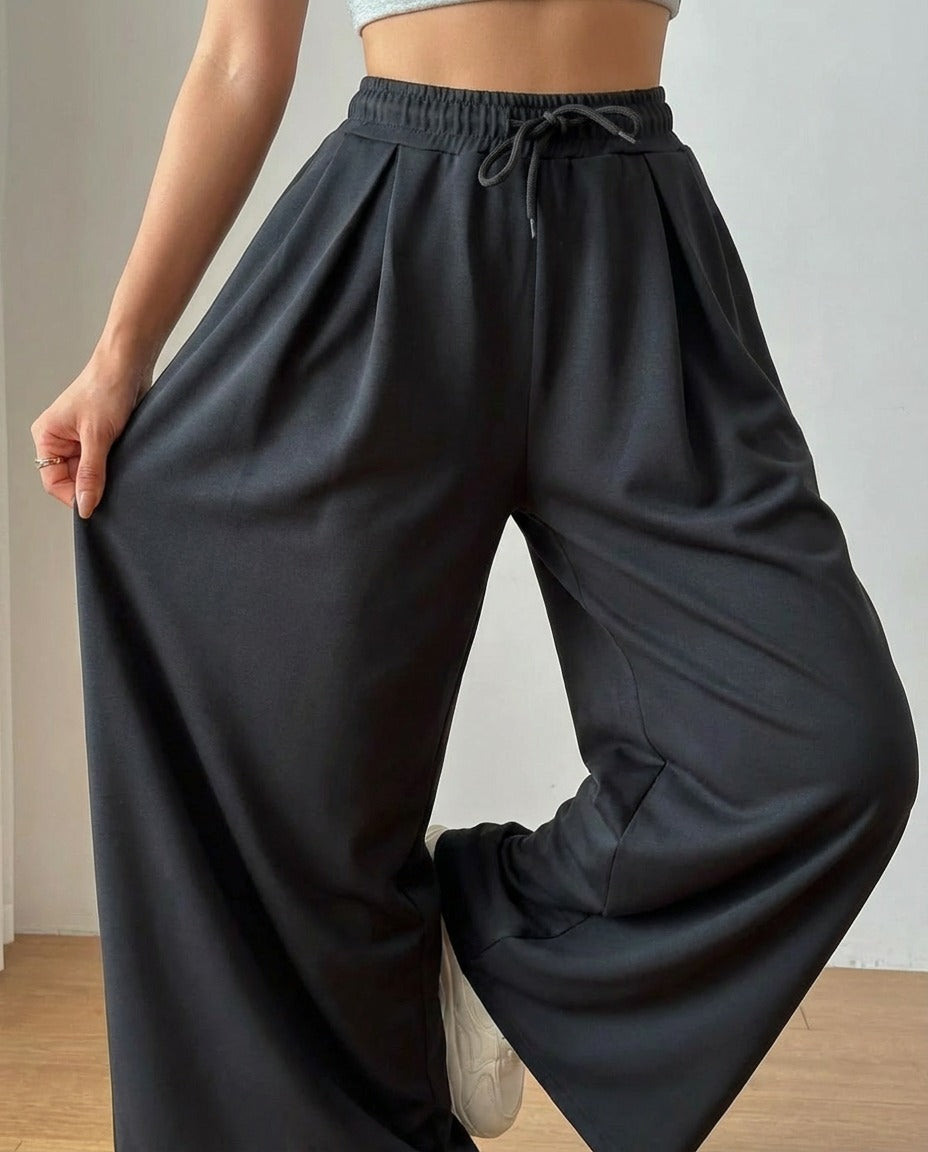Antrasit Bağcıklı Yüksek Bel Pile Detaylı Wide Leg/Bol Paça Örme Pantolon GJ0042