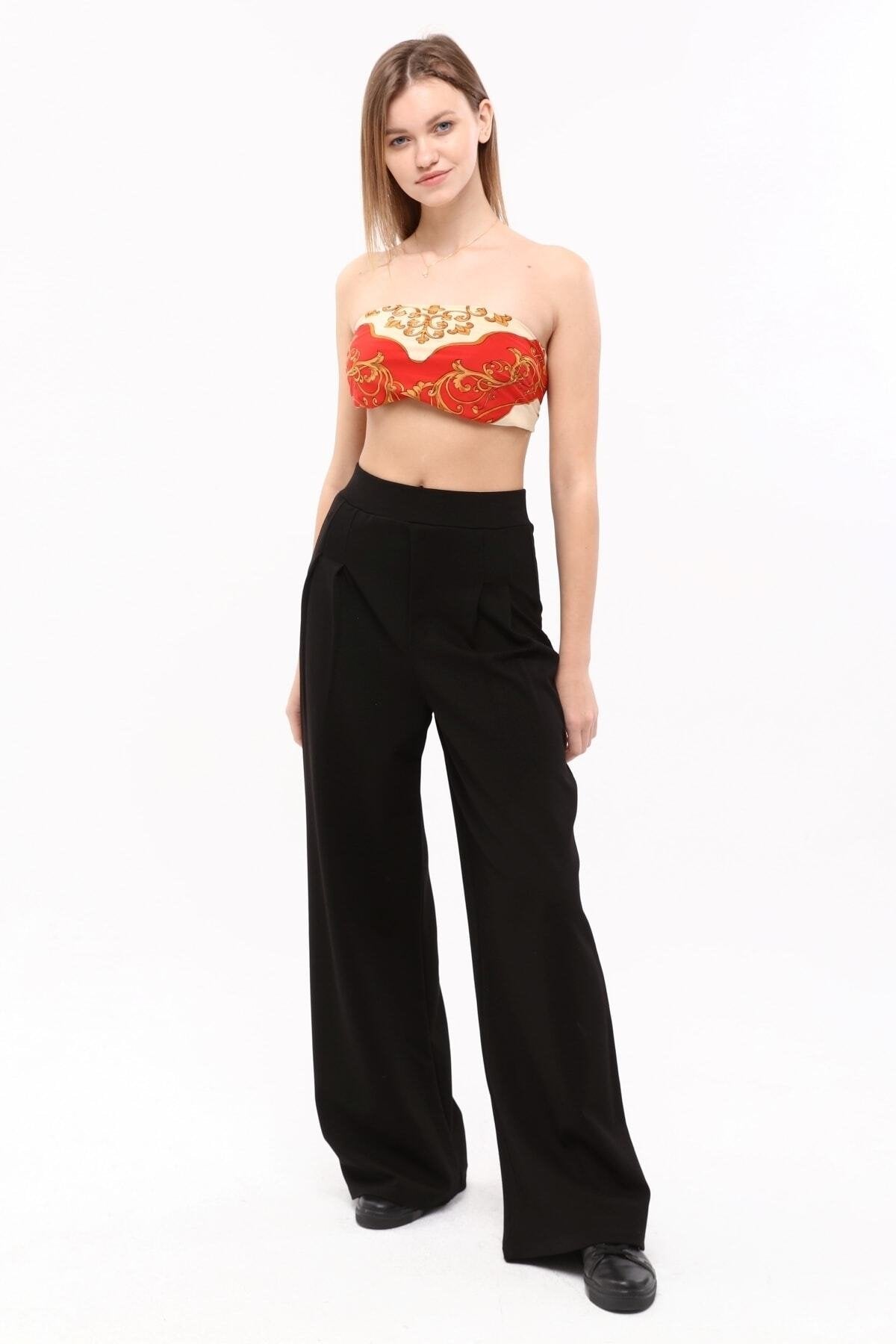 Fuşya Pileli Bol Paça Yüksek Bel Pantolon Tayt