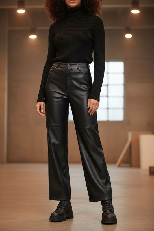 Relaxed Boru Paça Dikiş Detaylı Deri Pantolon