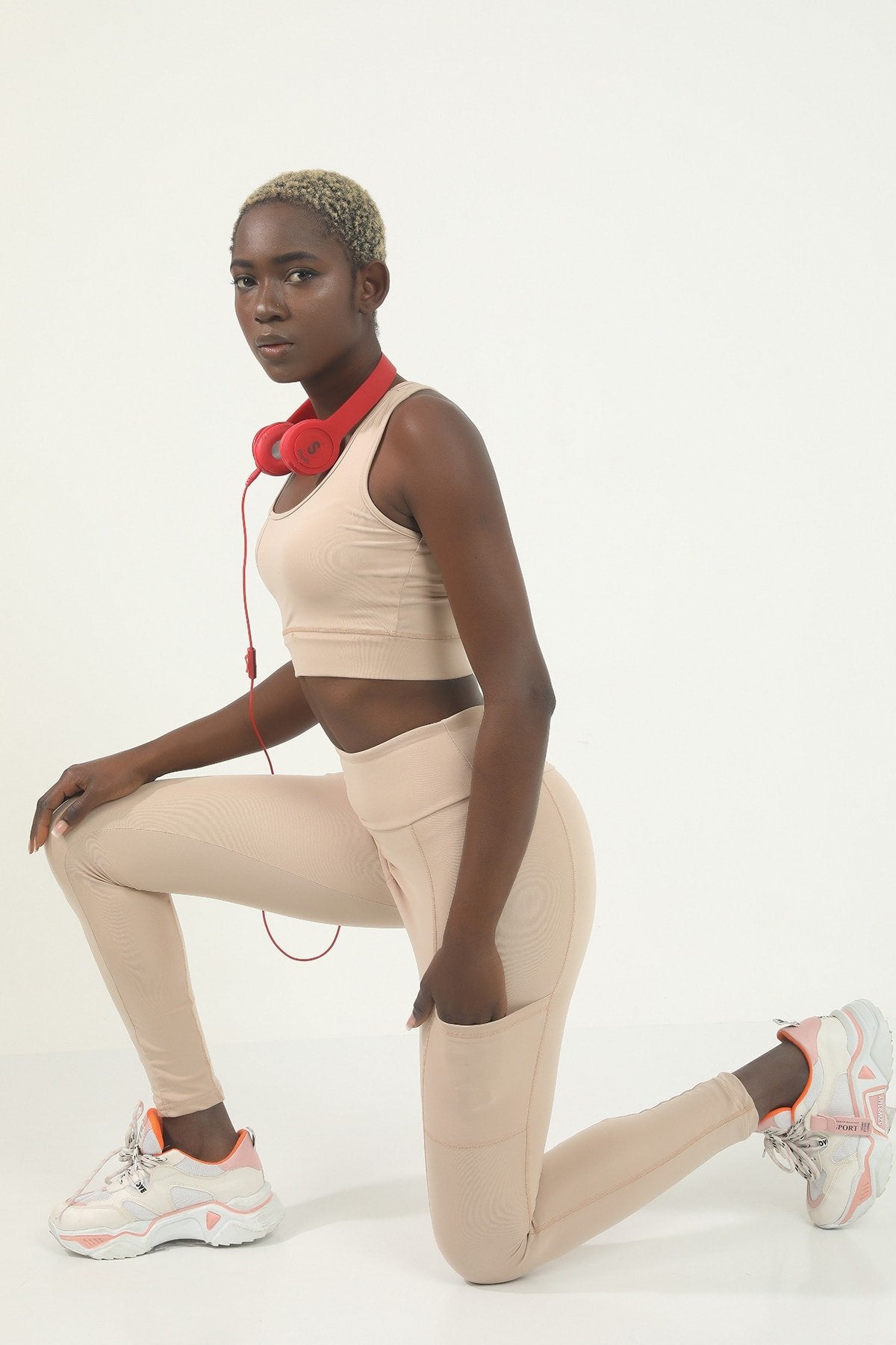 Gül Kurusu Yüksek Bel Cepli Spor Tayt