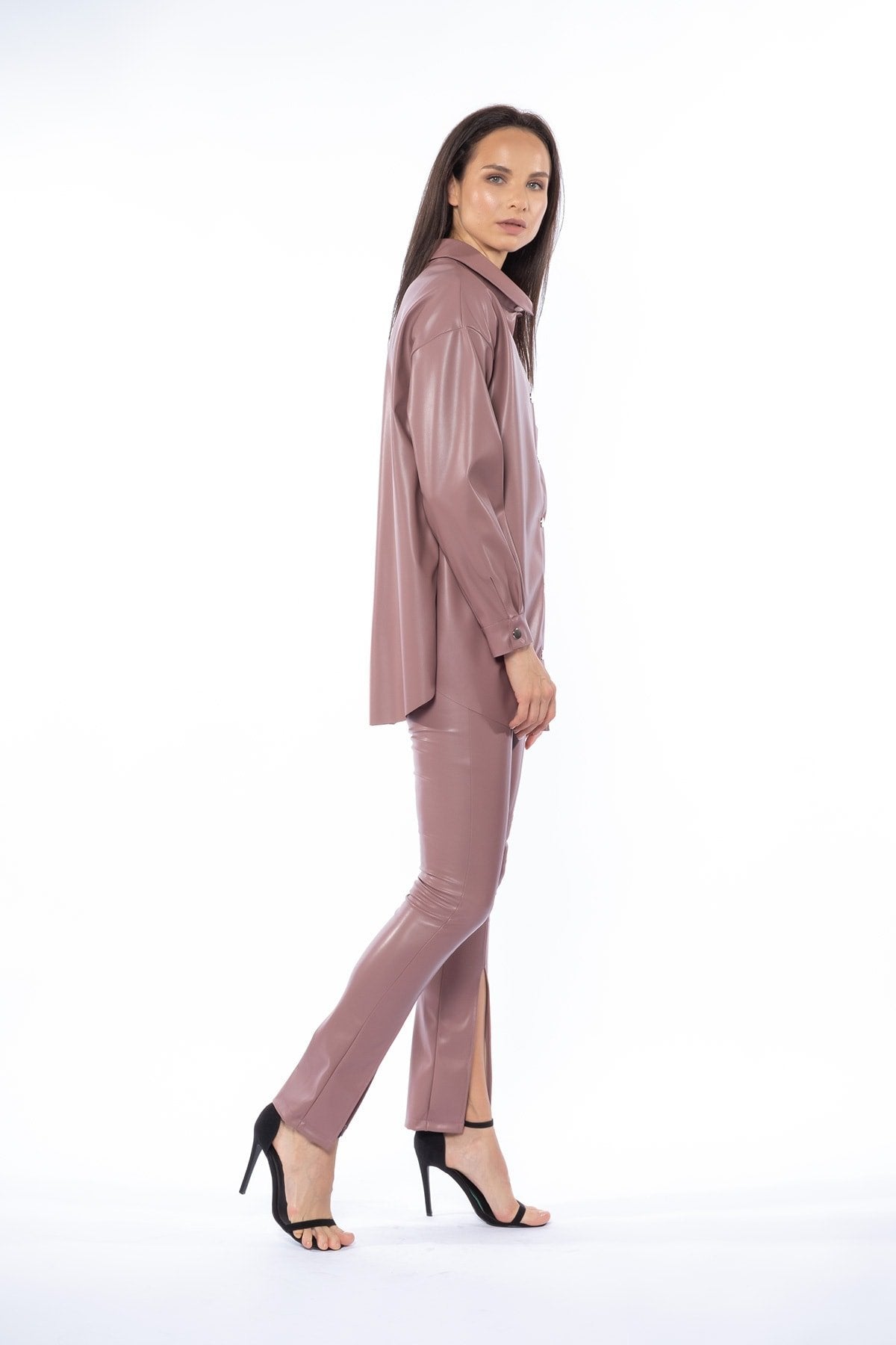 Önü Yırtmaçlı Çıma Dikişli Kalın Şardonlu Yüksek Bel Deri Pantolon Tayt