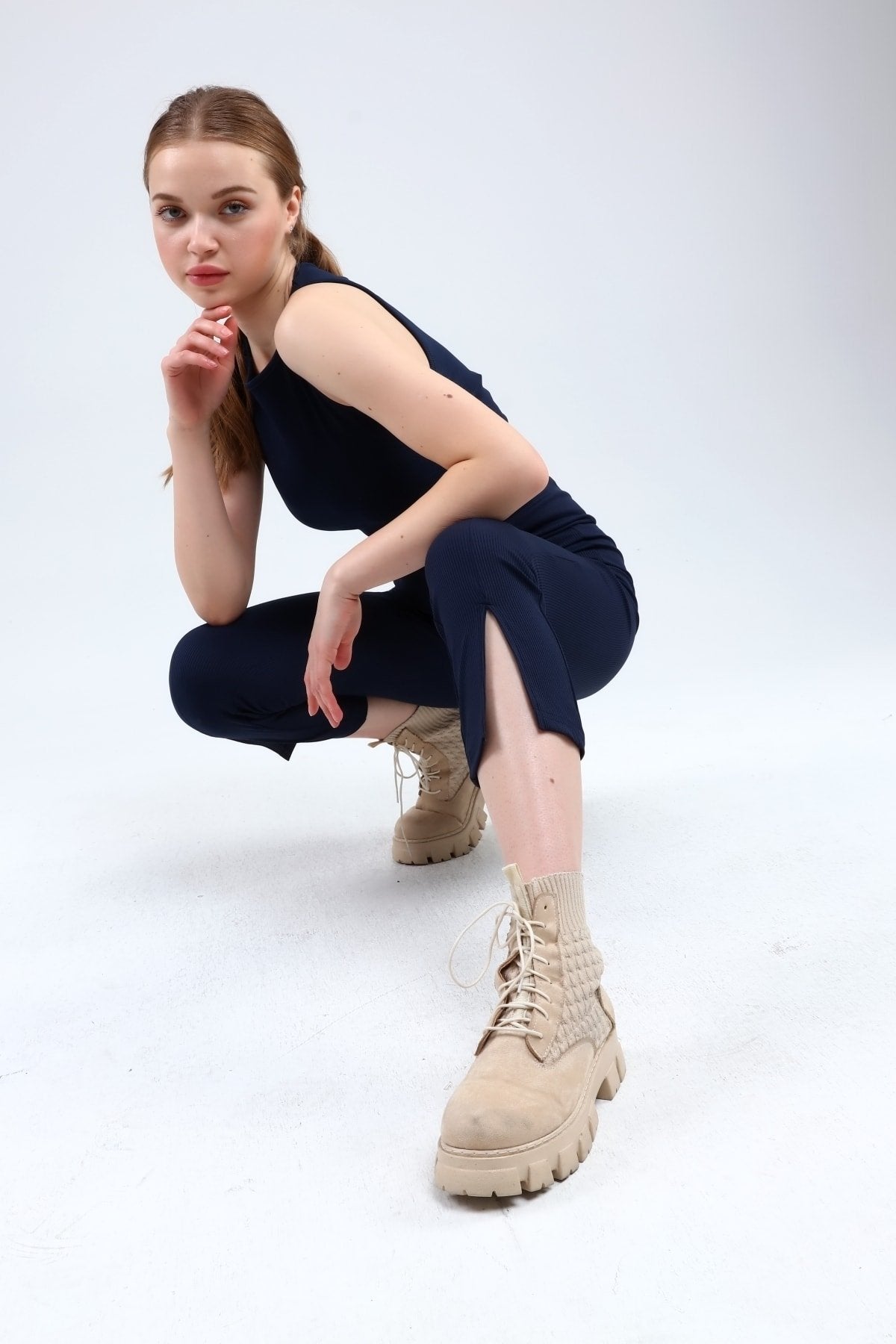 Lacivert Fitilli Kısa Paça Ön Yırtmaçlı Yüksek Bel Toparlayıcı Tayt