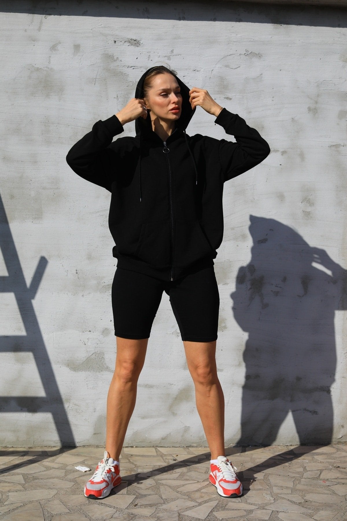 Kadın Gri Yüksek Bel Üç Iplik Şardonlu Biker Şort