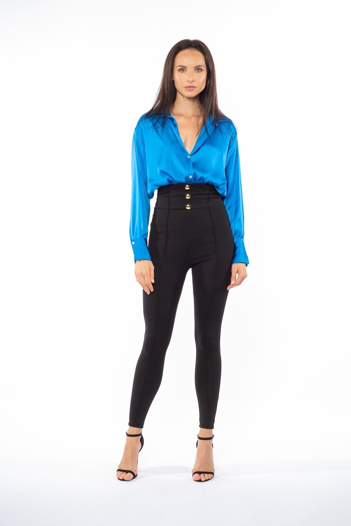 Siyah Kemerinde Gold Düğme Detaylı Ultra Yüksek Bel Toparlayıcı Kışlık Örme Tayt