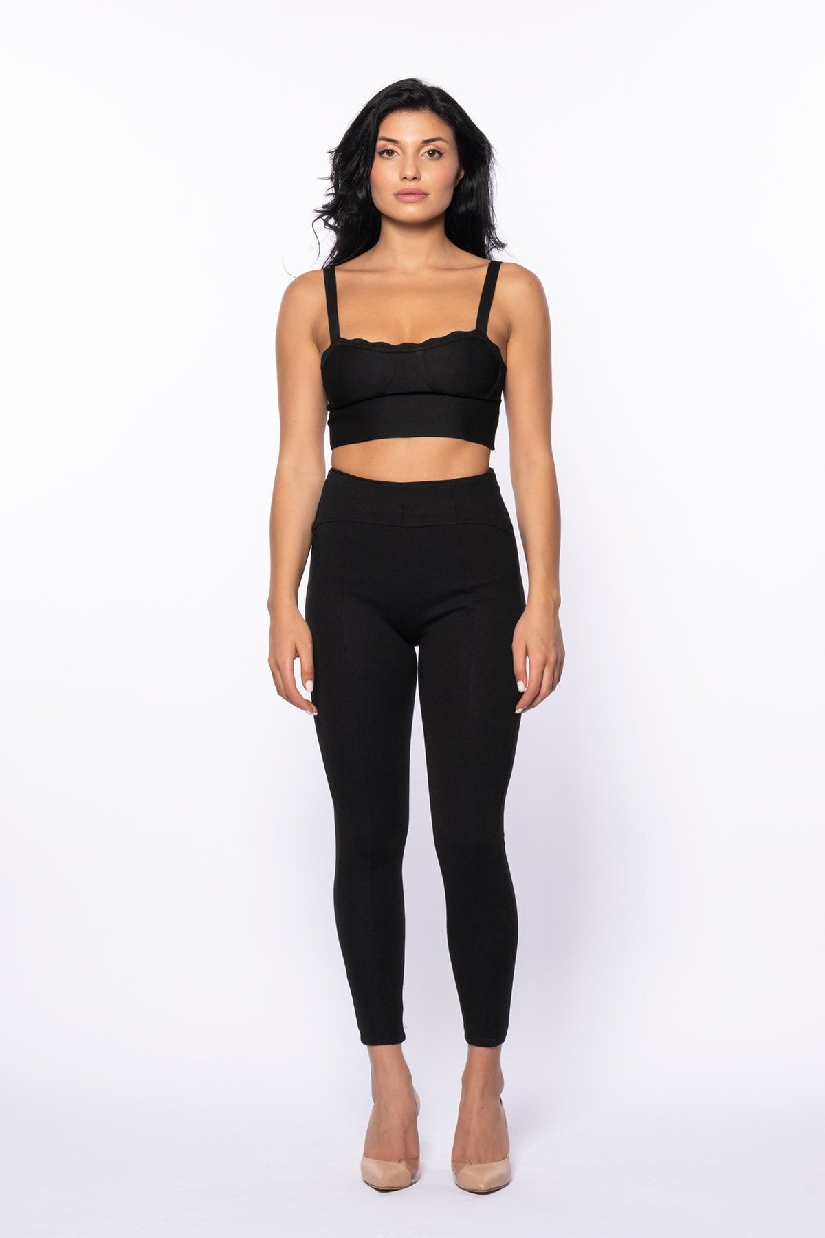 Siyah Yüksek Bel Kemerinde Kavis Detaylı Toparlayıcı Kışlık Tayt