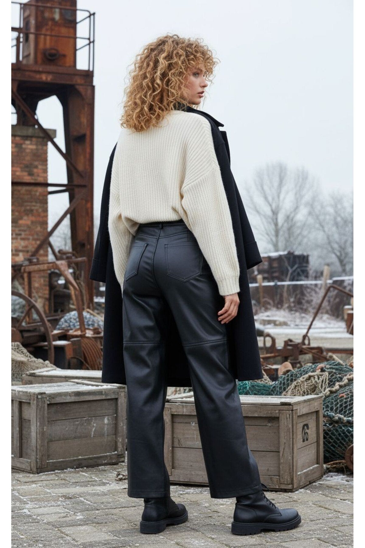 Relaxed Boru Paça Dikiş Detaylı Deri Pantolon