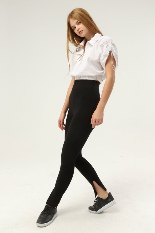 Siyah Yüksek Bel Dar Paça Iç Yırtmaçlı Toparlayıcı Kışlık Tayt