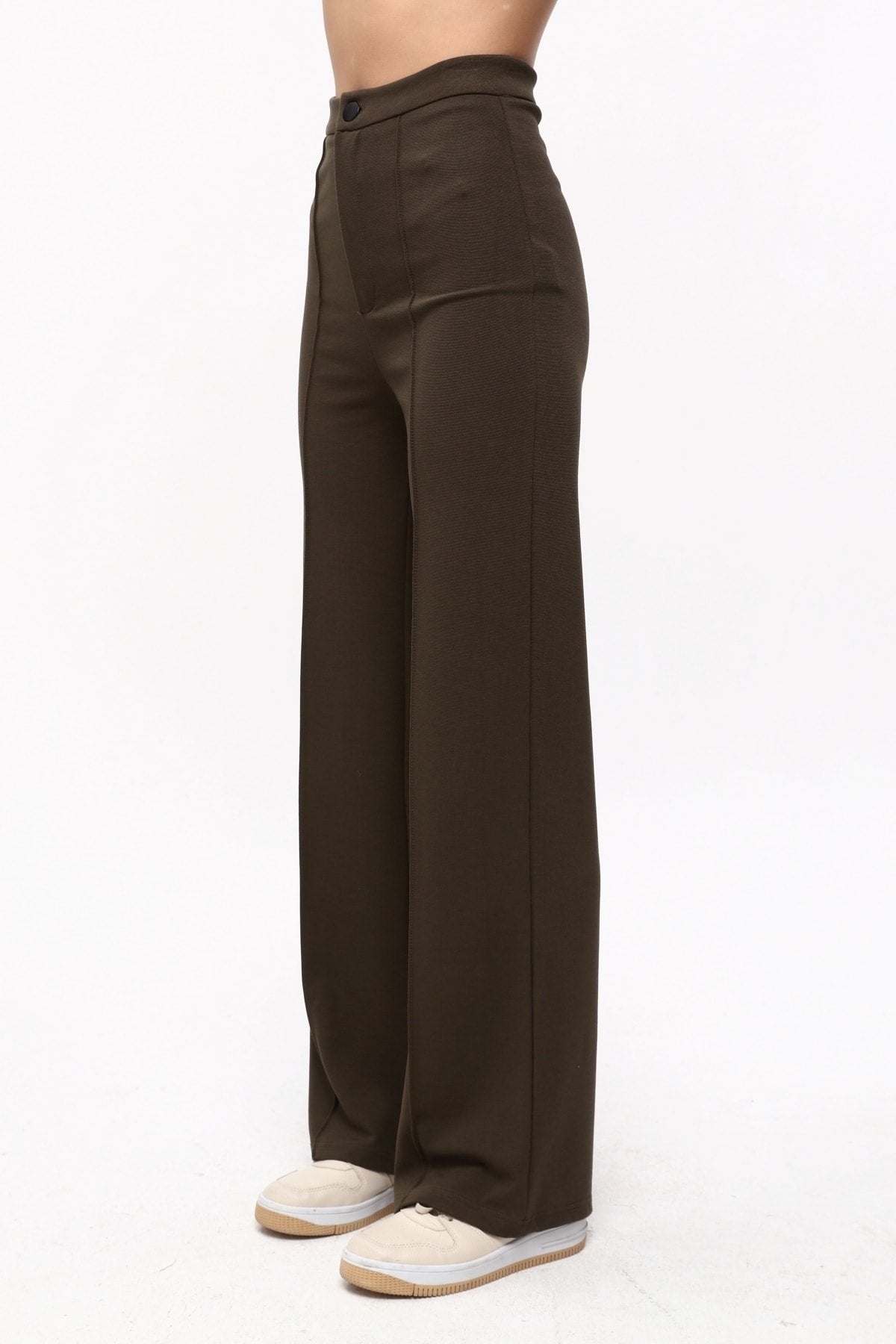 Haki Önde Çıma Detaylı Düğmeli Bol Paça Yüksek Bel Pantolon Tayt