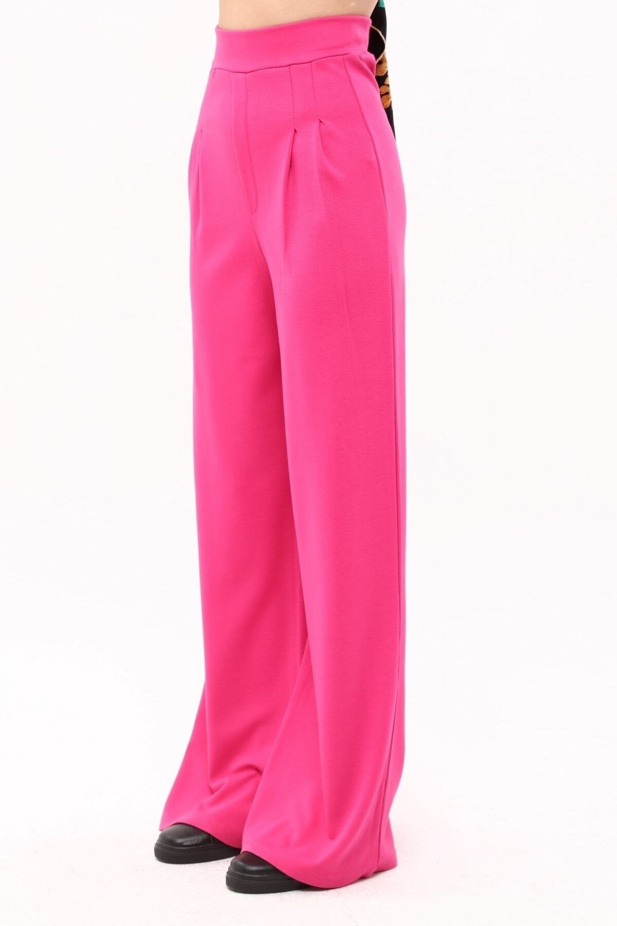 Fuşya Pileli Bol Paça Yüksek Bel Pantolon Tayt