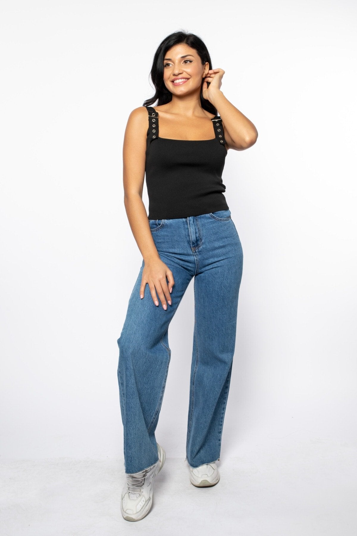 Camel Omuzda Kuşgözü Detaylı Kare Yaka Triko Atlet