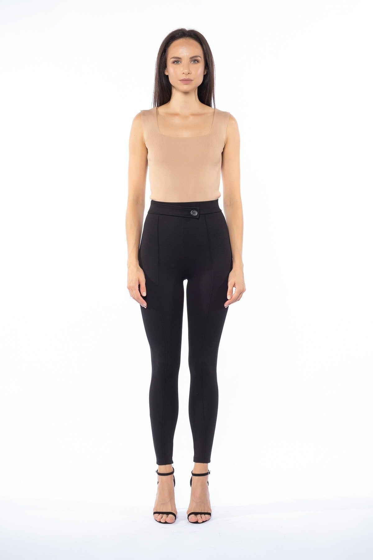 Siyah Düğme Ve Kemer Detaylı Yüksek Bel Toparlayıcı Kışlık Tayt