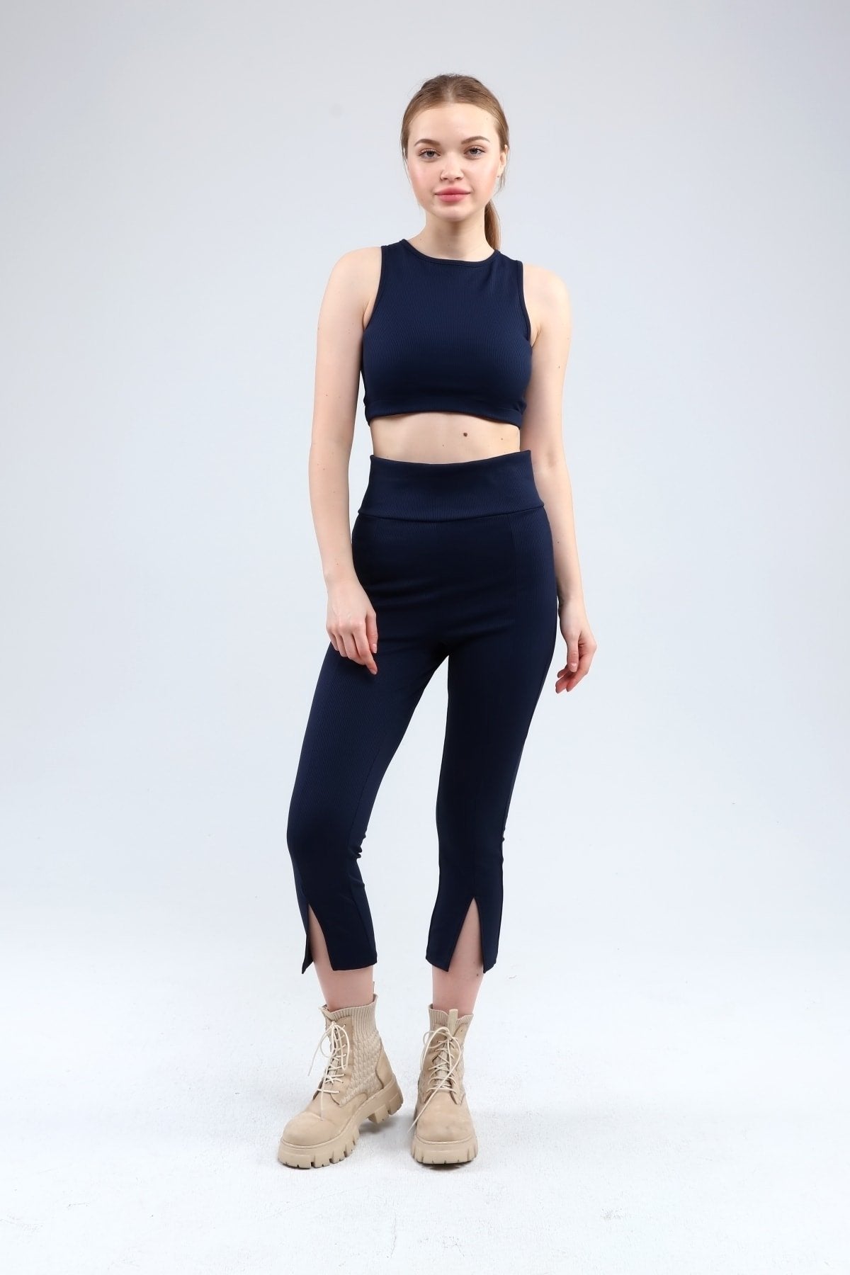 Lacivert Fitilli Kısa Paça Ön Yırtmaçlı Yüksek Bel Toparlayıcı Tayt