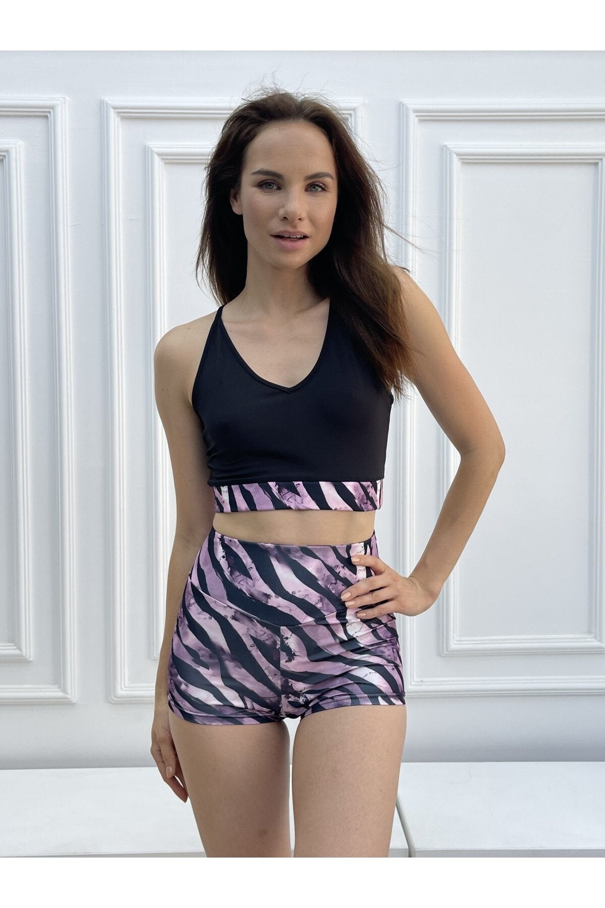 Pembe Leopar Desen Dijital Baskılı Mini Sporcu Şort