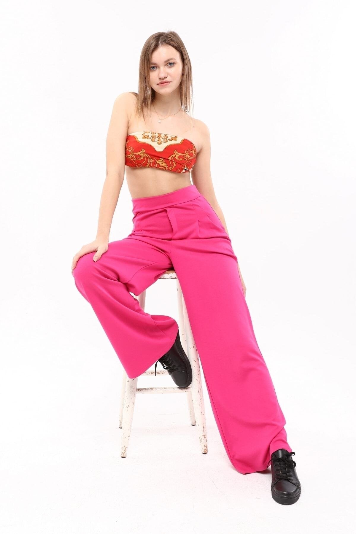 Fuşya Pileli Bol Paça Yüksek Bel Pantolon Tayt
