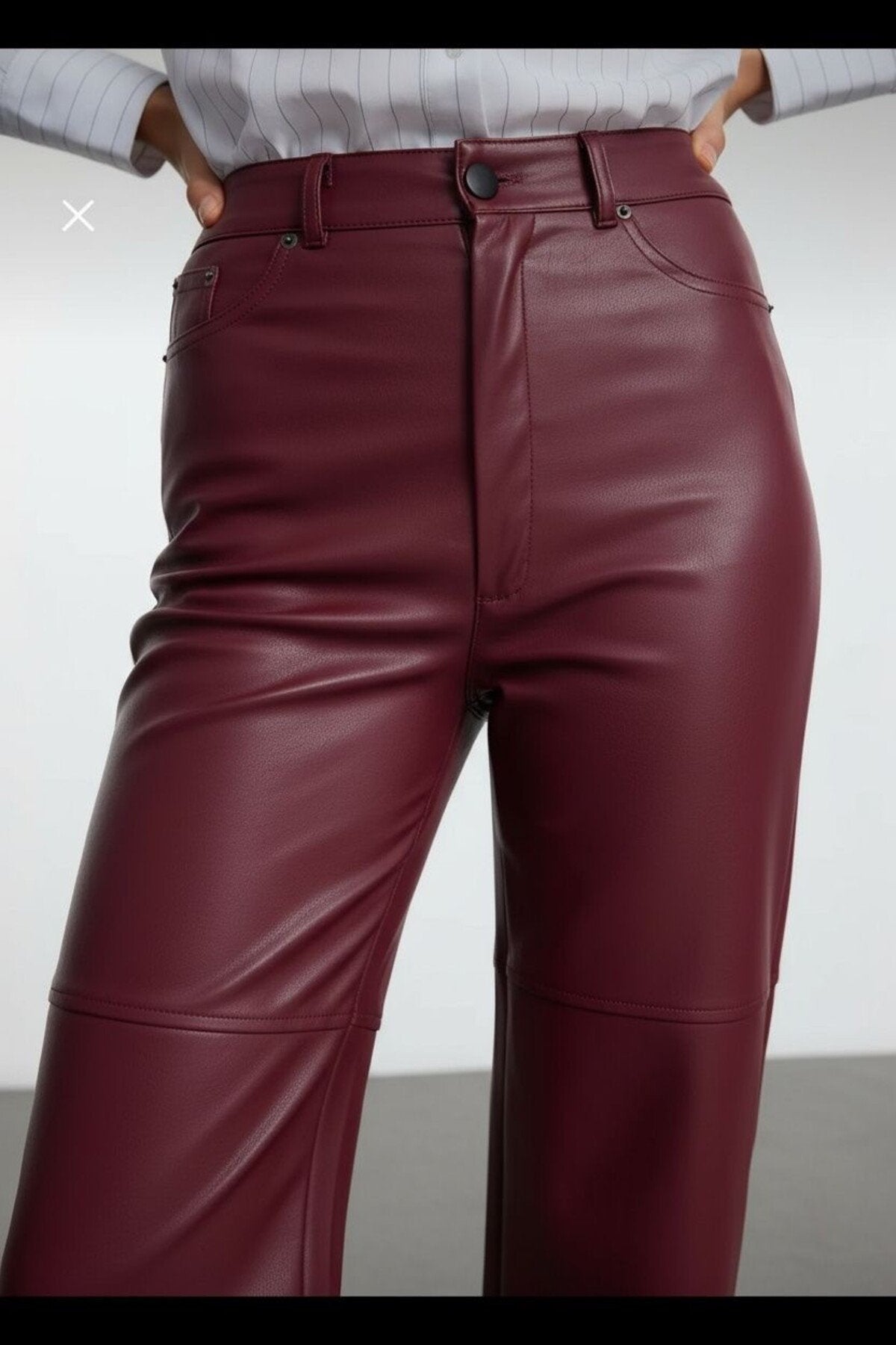 Relaxed Boru Paça Dikiş Detaylı Deri Pantolon