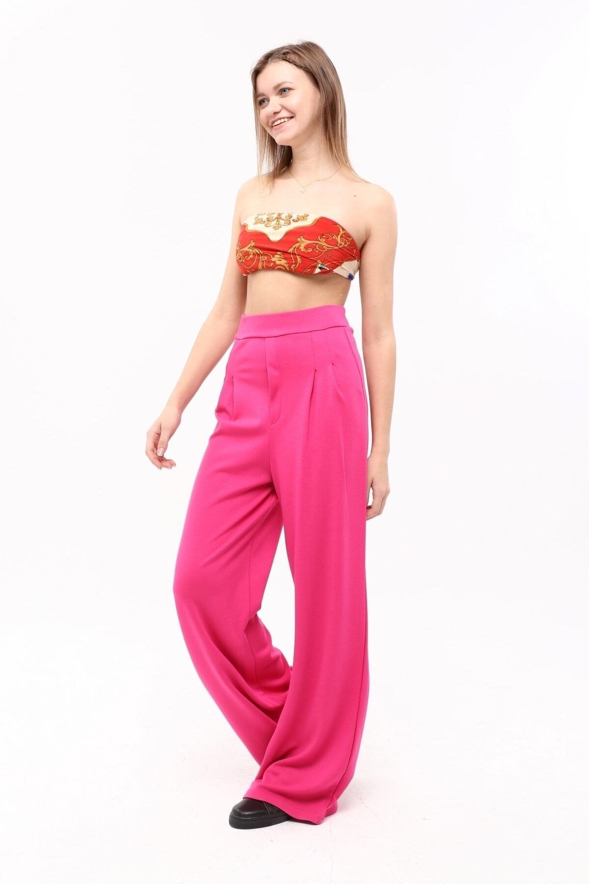 Fuşya Pileli Bol Paça Yüksek Bel Pantolon Tayt