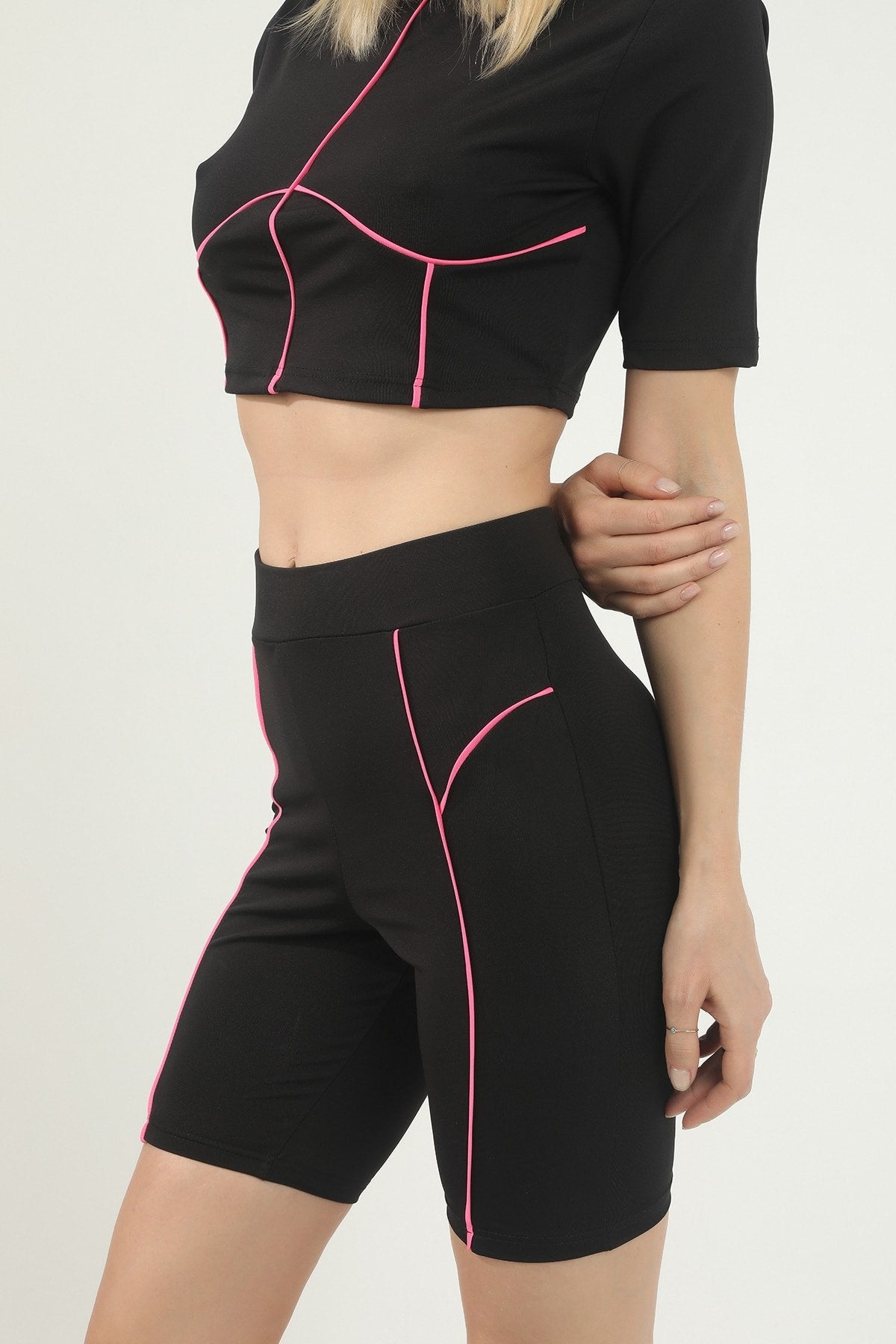 Kadın Gri Önde Lila Biye Detaylı Yüksek Bel Toparlayıcı Biker Tayt