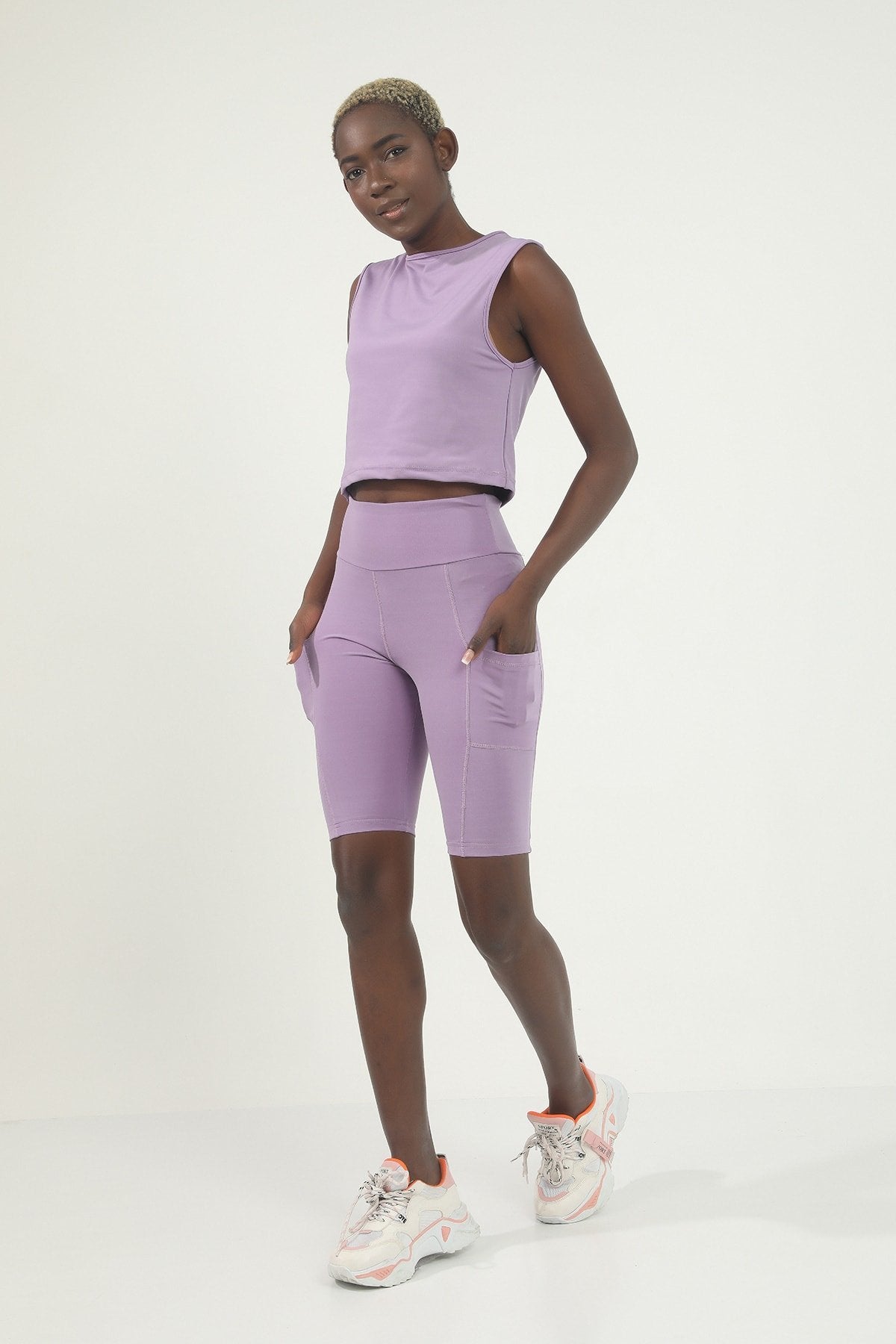 Antrasit Yüksek Bel Toparlayıcı Cep Detaylı Spor Biker Tayt