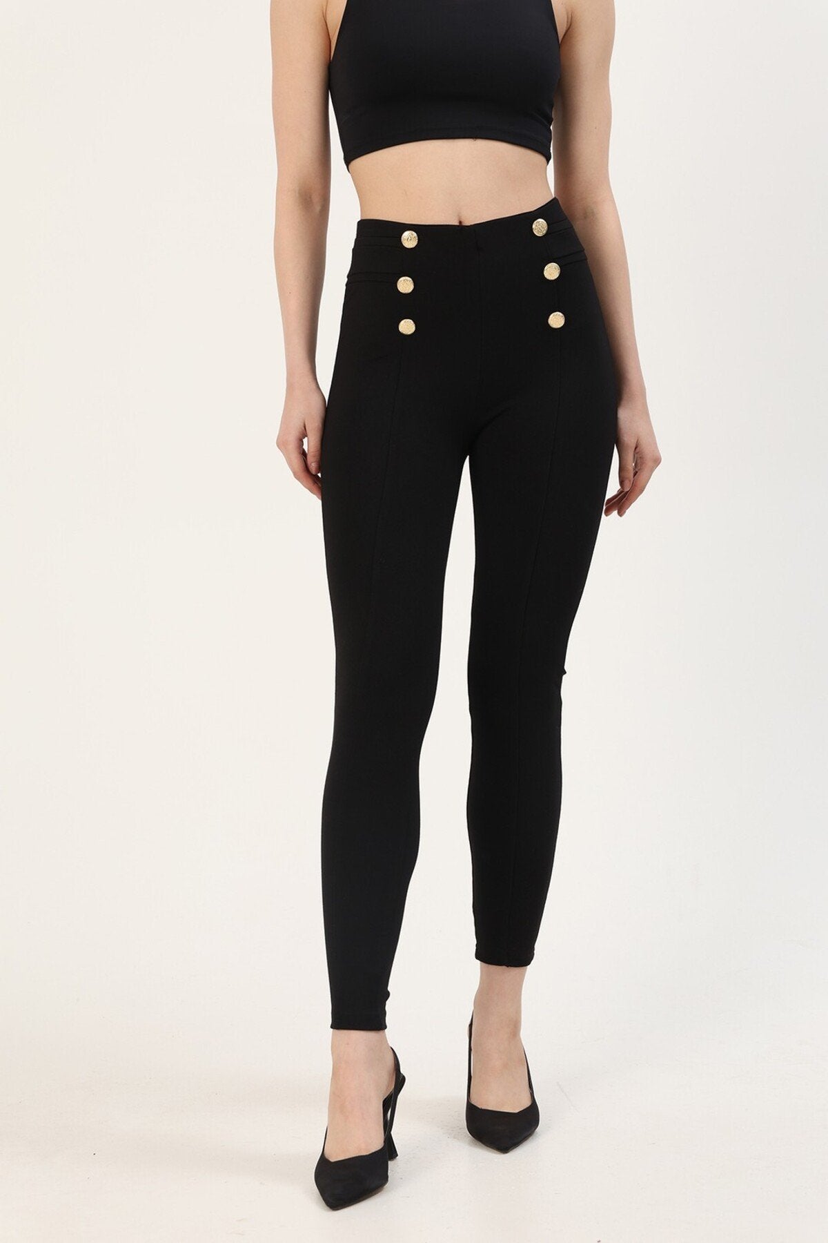 Gold Düğme Önde Dikiş Detaylı Yüksek Bel Çelik Örme  İnterlok Tayt