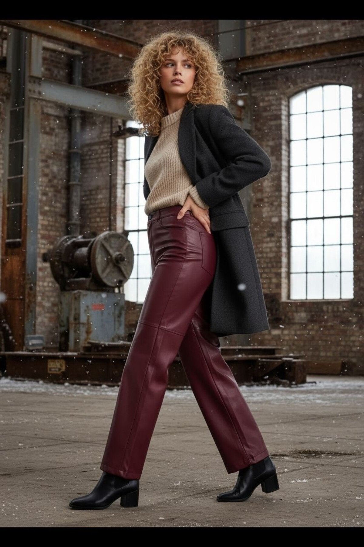 Relaxed Boru Paça Dikiş Detaylı Deri Pantolon