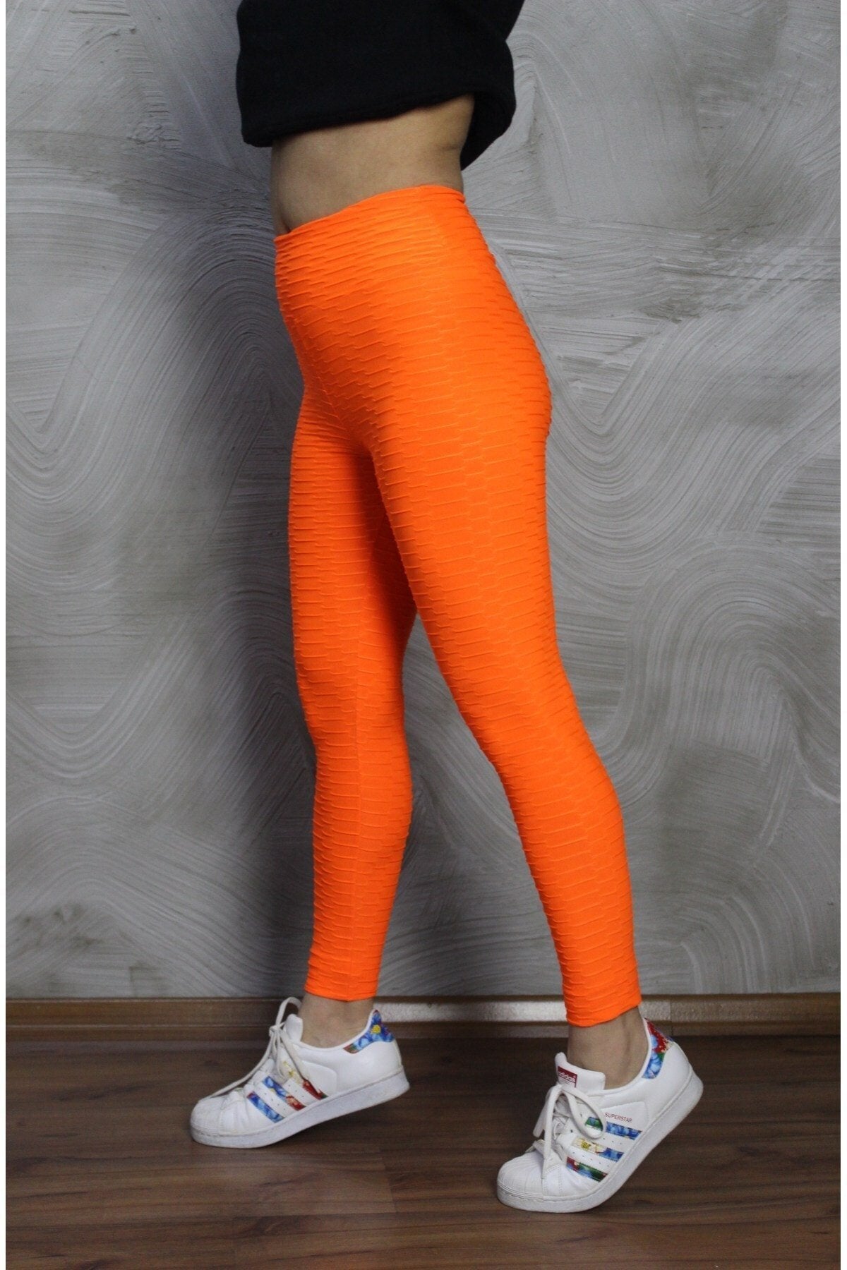 Neon Turuncu Yüksek Bel Petekli Tayt