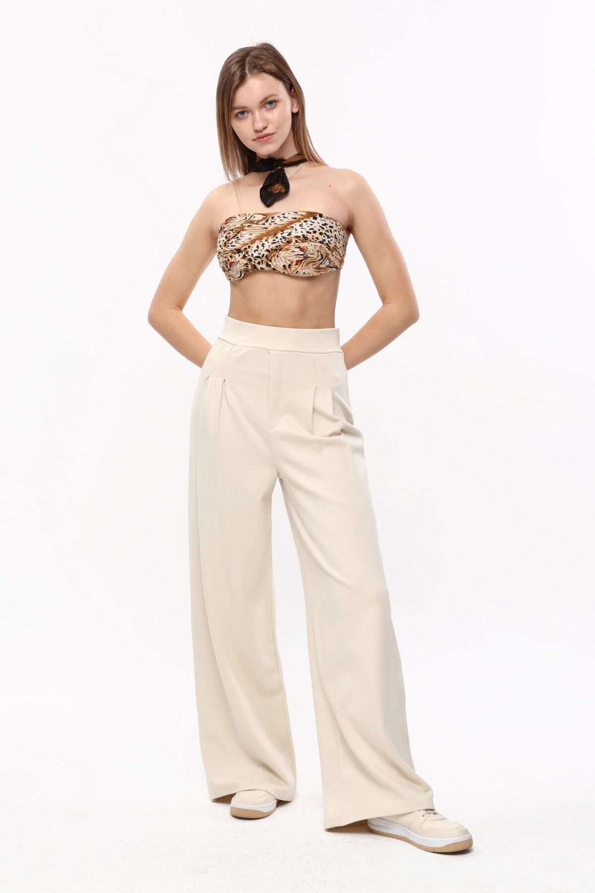 Fuşya Pileli Bol Paça Yüksek Bel Pantolon Tayt