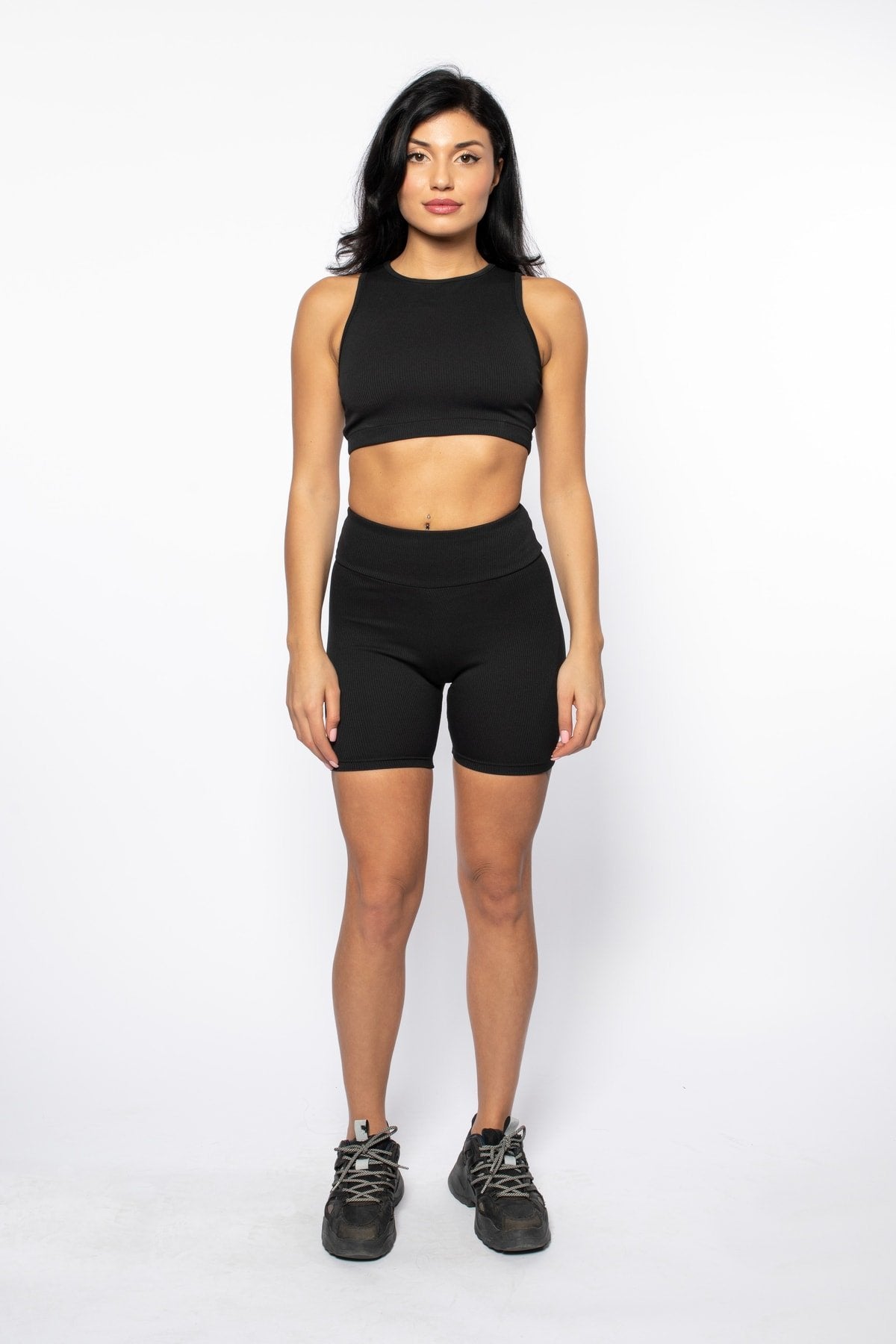 Siyah Fitilli Yüksek Bel Biker Tayt