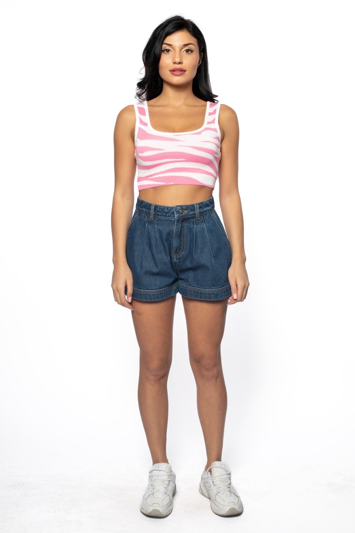 Siyah/beyaz Zebra Desen Detaylı Crop Triko Atlet