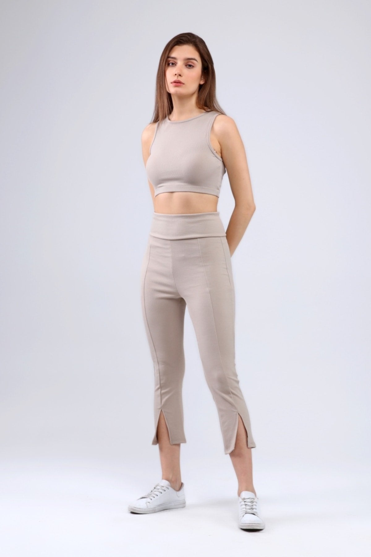 Lacivert Fitilli Kısa Paça Ön Yırtmaçlı Yüksek Bel Toparlayıcı Tayt