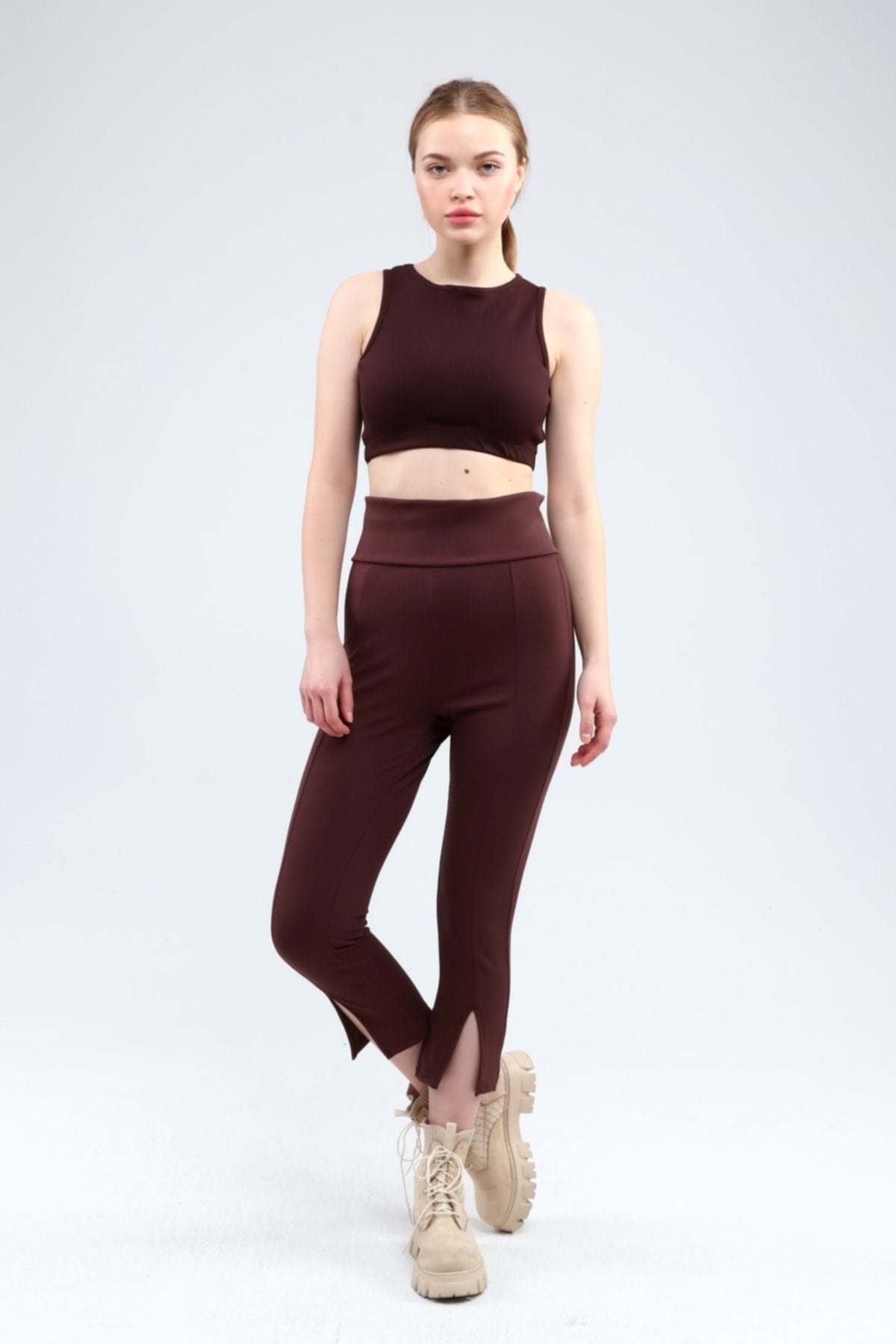 Lacivert Fitilli Kısa Paça Ön Yırtmaçlı Yüksek Bel Toparlayıcı Tayt