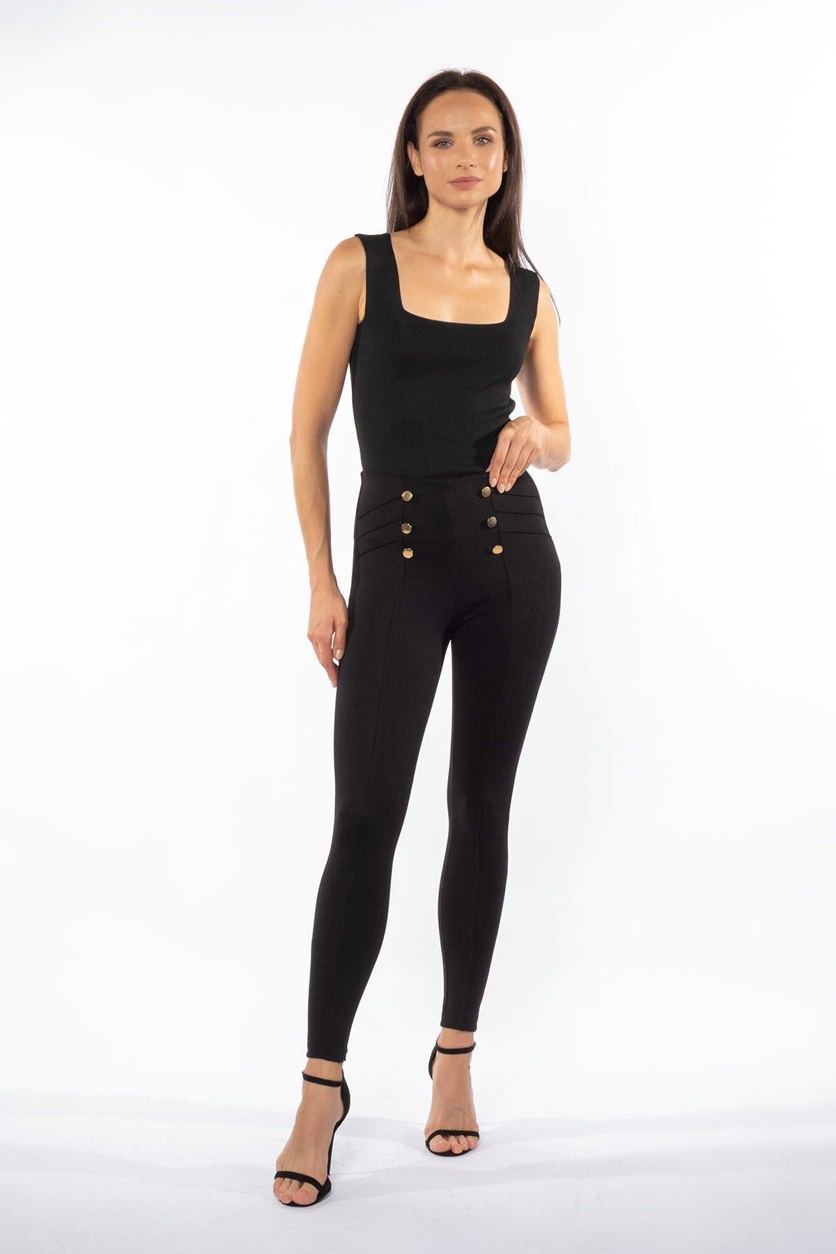 Siyah Gold Düğmeli Ve Çapraz Dikişli Yüksek Bel Toparlayıcı Kışlık Örme Tayt