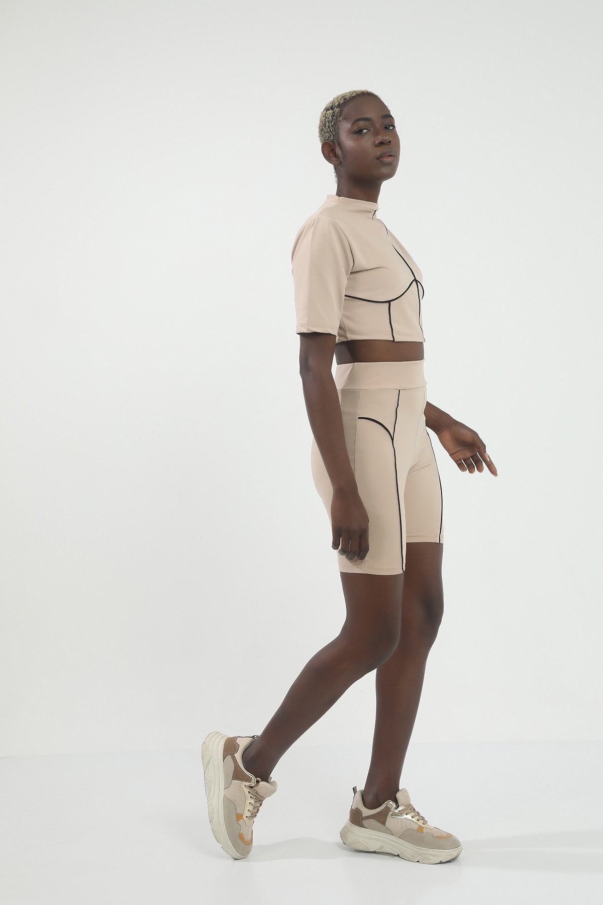 Kadın Gri Önde Lila Biye Detaylı Yüksek Bel Toparlayıcı Biker Tayt