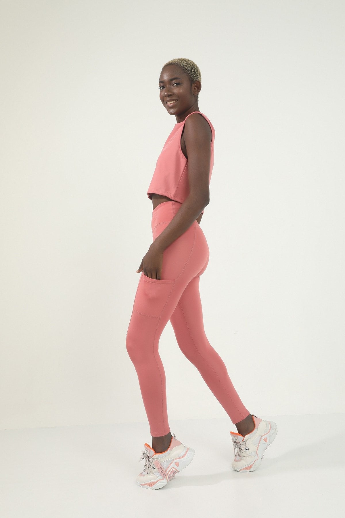 Gül Kurusu Yüksek Bel Cepli Spor Tayt