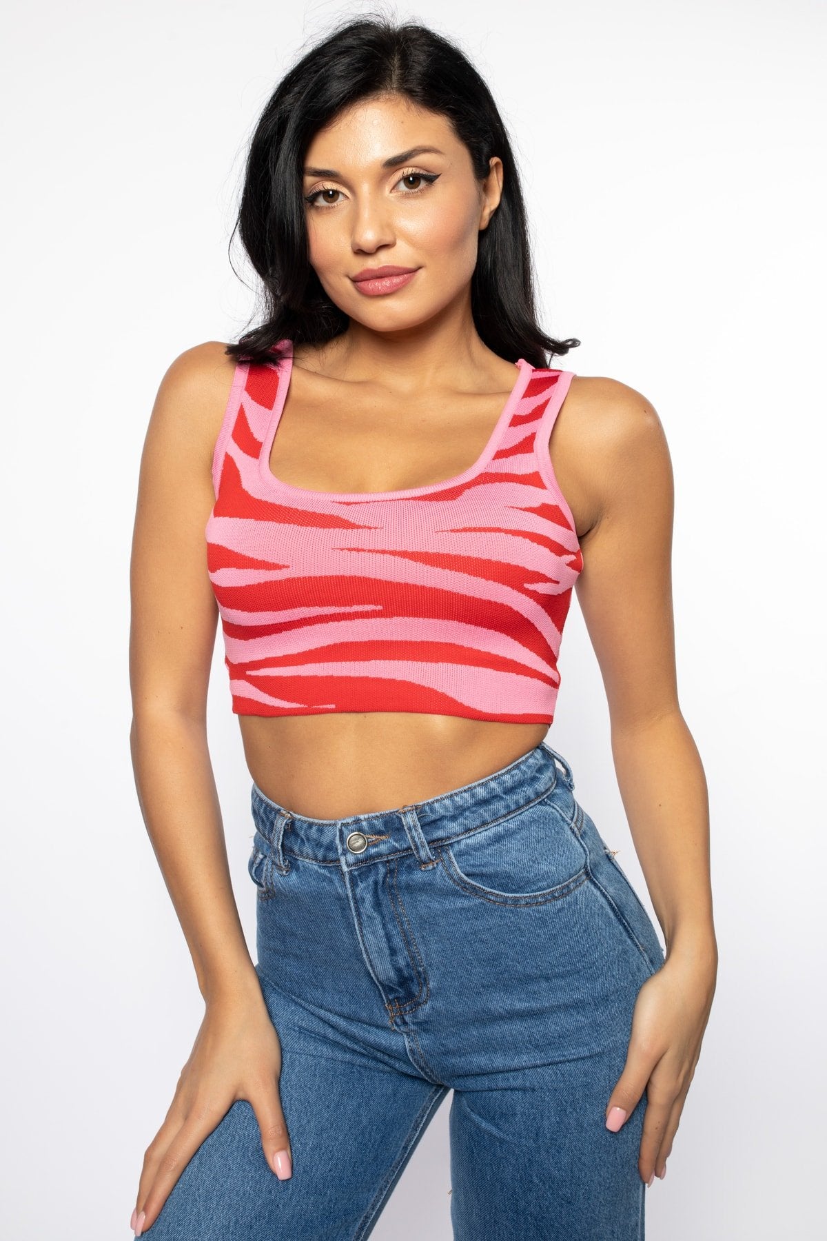 Siyah/beyaz Zebra Desen Detaylı Crop Triko Atlet