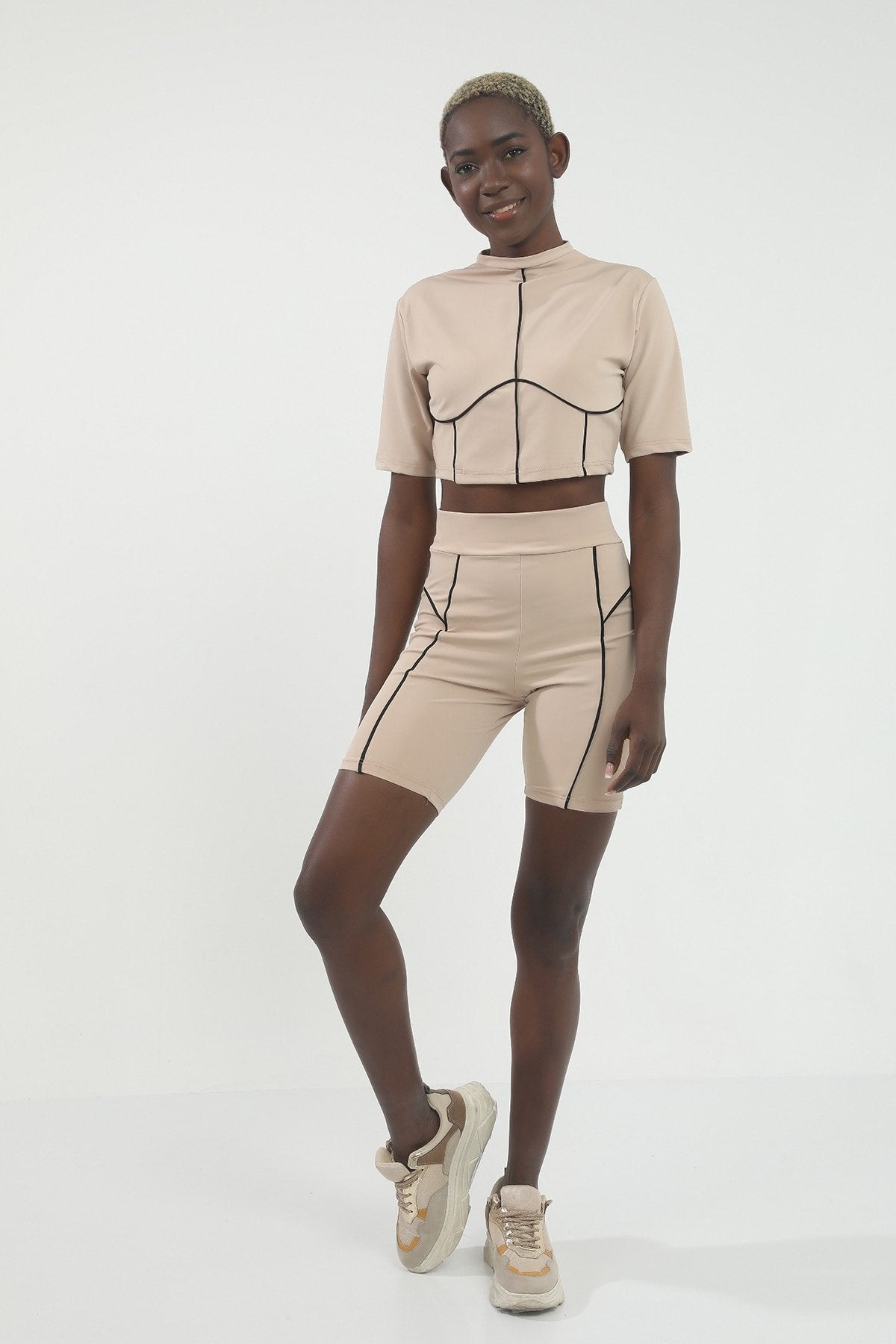 Kadın Gri Önde Lila Biye Detaylı Yüksek Bel Toparlayıcı Biker Tayt