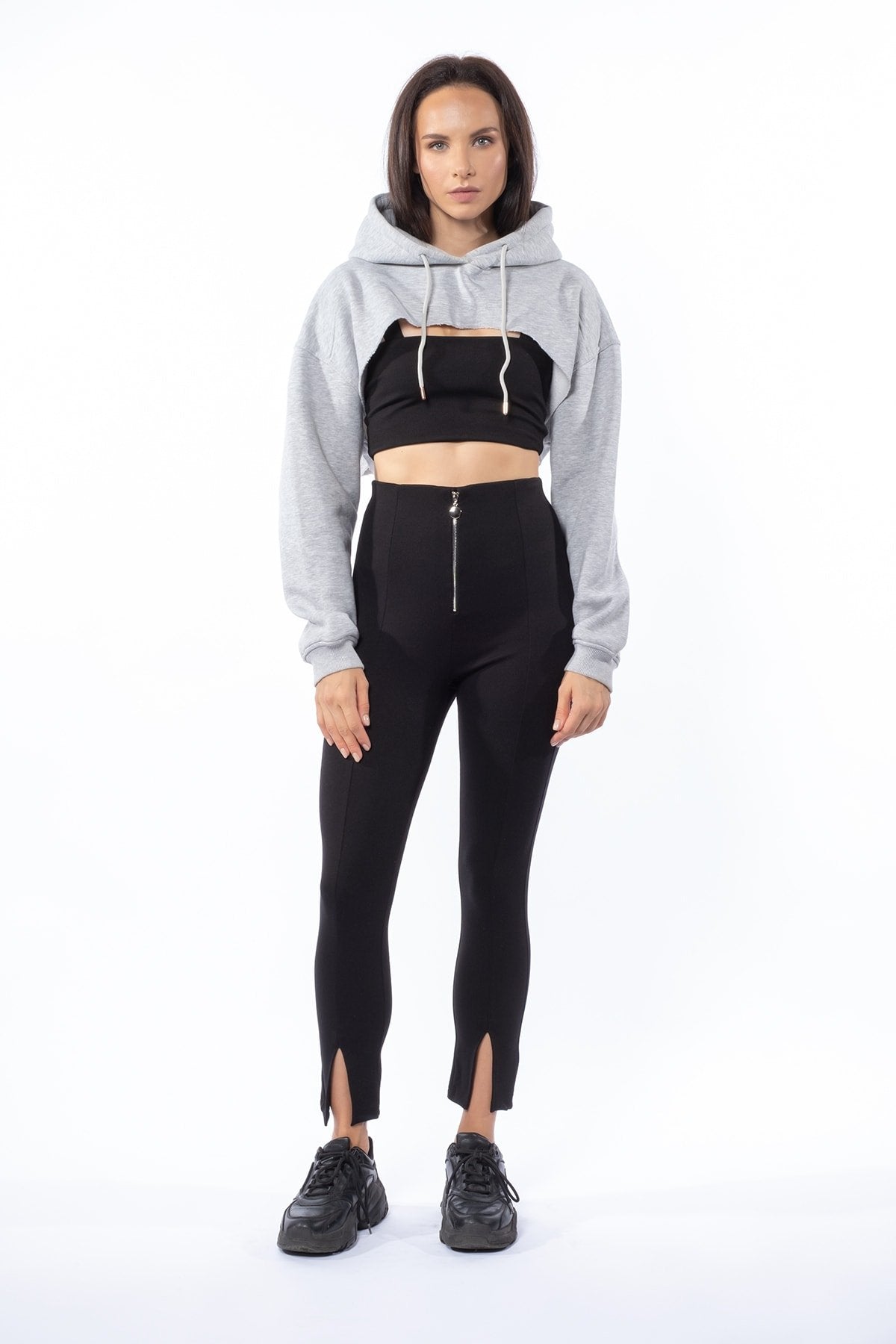 Siyah Fermuar Detaylı Paçaları Yırtmaçlı Toparlayıcı Kışlık Örme Tayt