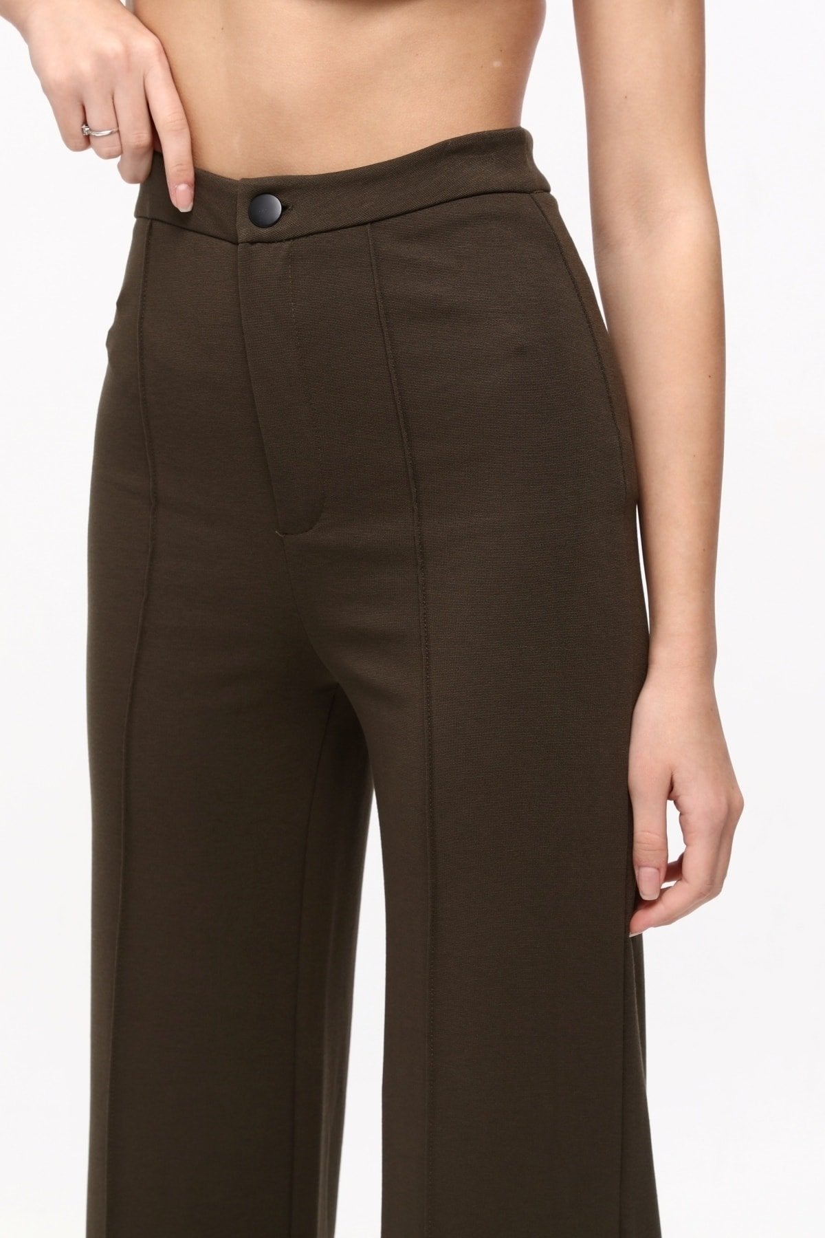 Haki Önde Çıma Detaylı Düğmeli Bol Paça Yüksek Bel Pantolon Tayt