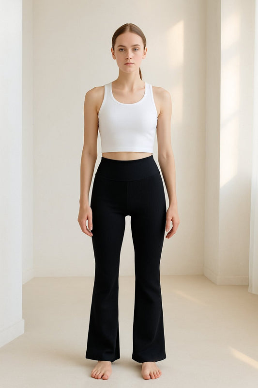 Siyah Fitilli Flare Yoga Örme Spor Tayt GRJ678