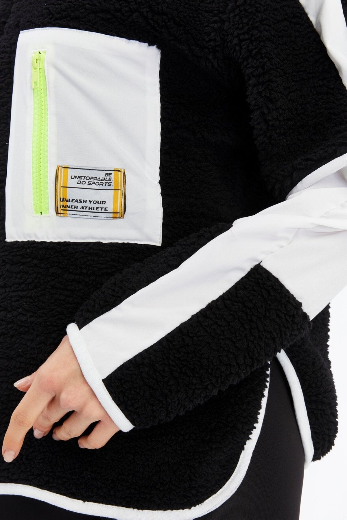 Peluş Renk Bloklu Oversize Paraşüt Kumaş Detaylı Örme Spor Sweatshirt